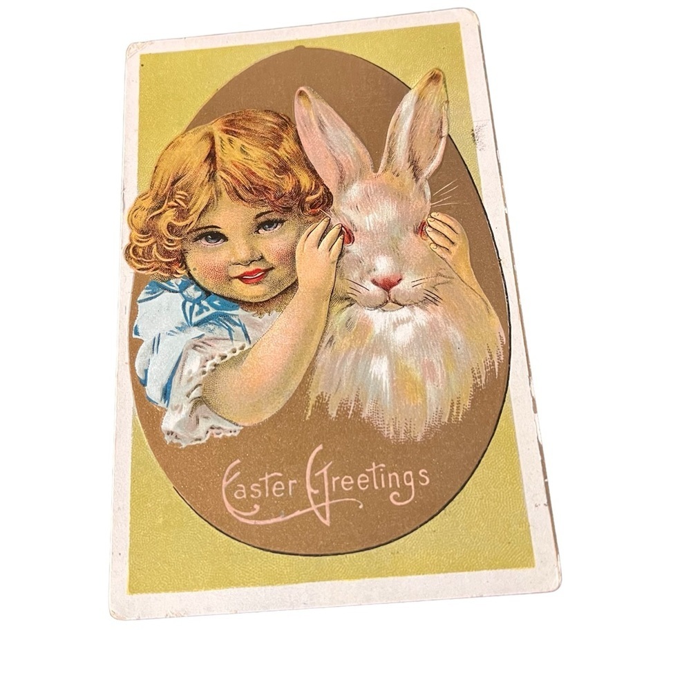Vtg 1910s Easter Greetings Postcard Young Girl Hides Easter Bunny Easter Egg UP